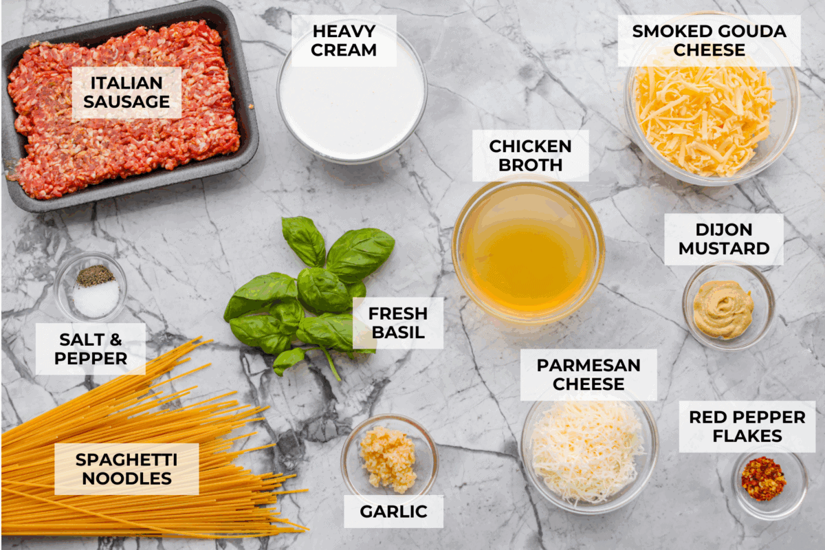 Overhead shot of labeled creamy sausage spaghetti ingredients. 