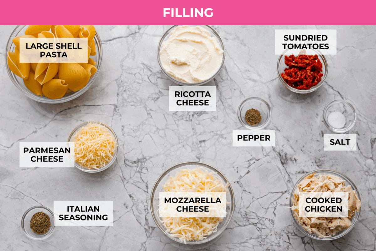 Overhead shot of the labeled marry me stuffed shells filling ingredients.