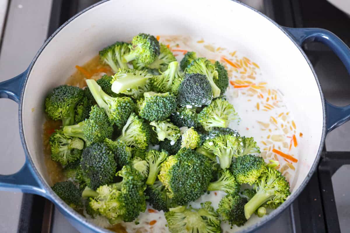 Broccoli and half and half added to the pot.