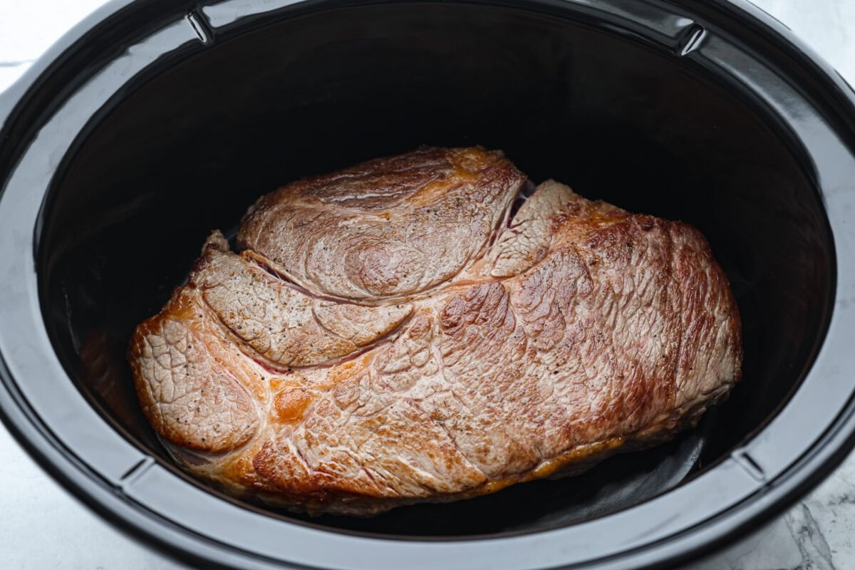 Seared beef in the crockpot. 