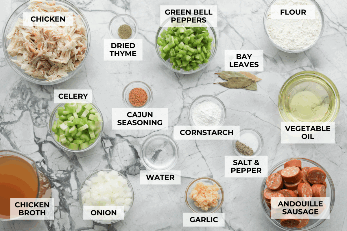 Overhead shot of labeled chicken and sausage gumbo ingredients.