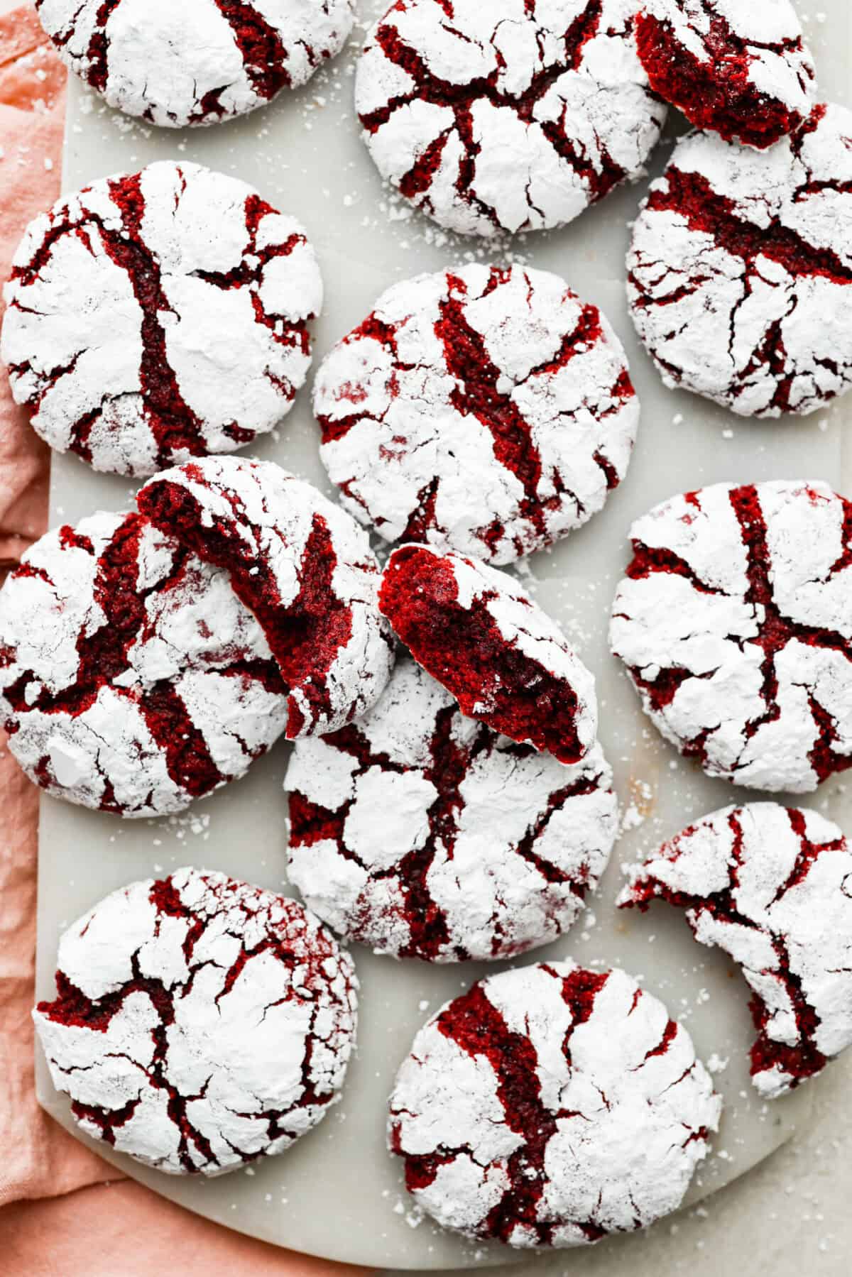 Overhead shot of red velvet crinkle cookies.