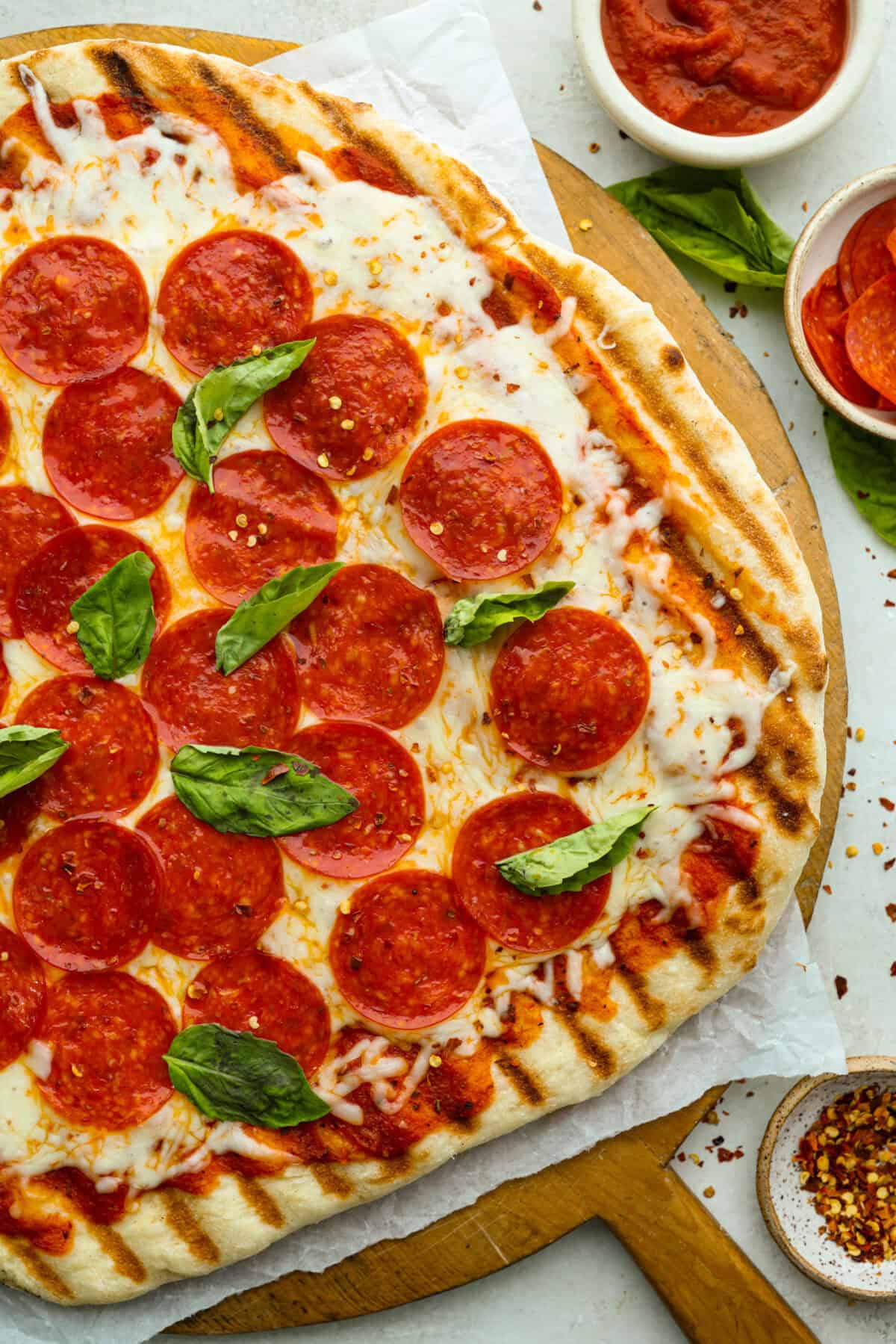 Overhead shot of grilled pizza.