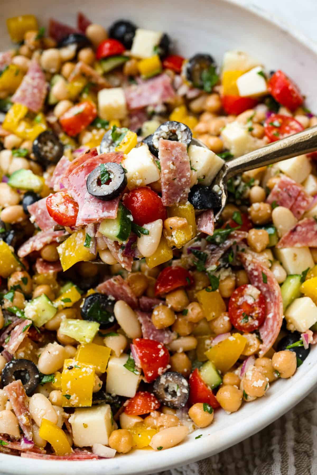 Close up of a spoonful of dense bean salad.
