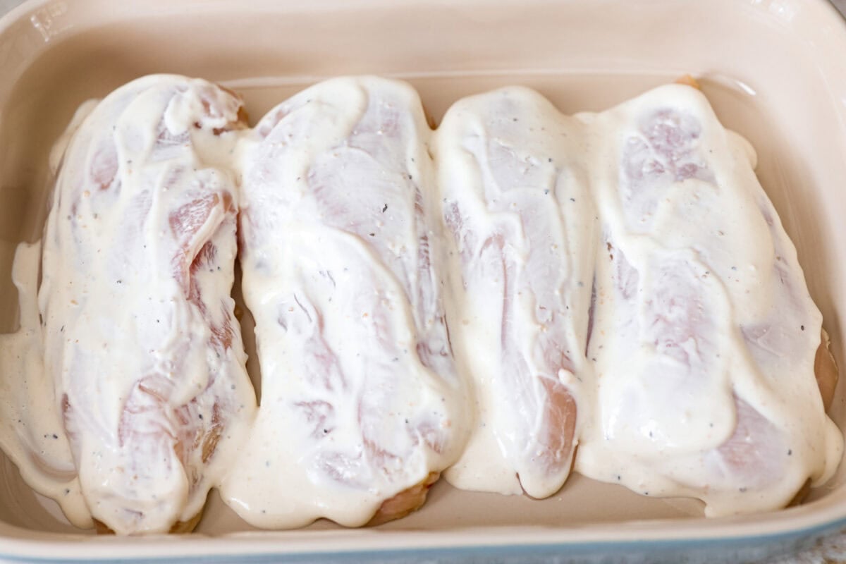 Caesar dressing poured over the tops of the chicken breasts.