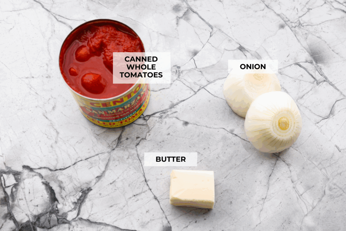 Overhead shot of labeled ingredients. 