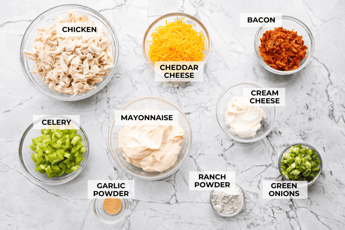 Overhead shot of labeled ingredients. 