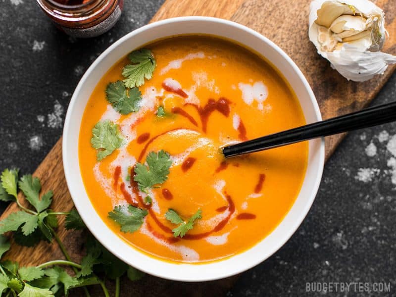 You only need a few ingredients to make this light and satisfying Thai Coconut Curry Carrot Soup. It&rsquo;s a creamy, a little sweet, a little spicy, and a lot of delicious. BudgetBytes.com