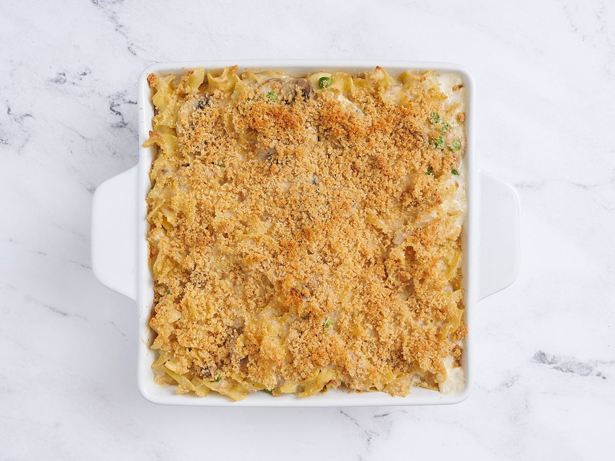 Freshly baked tuna casserole in a casserole dish.