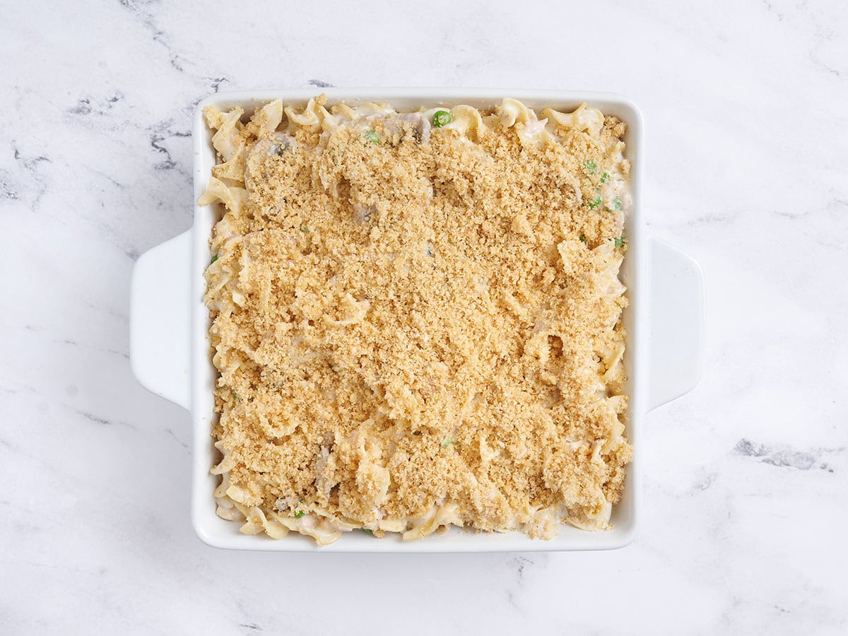 An assembled tuna casserole in a casserole dish.