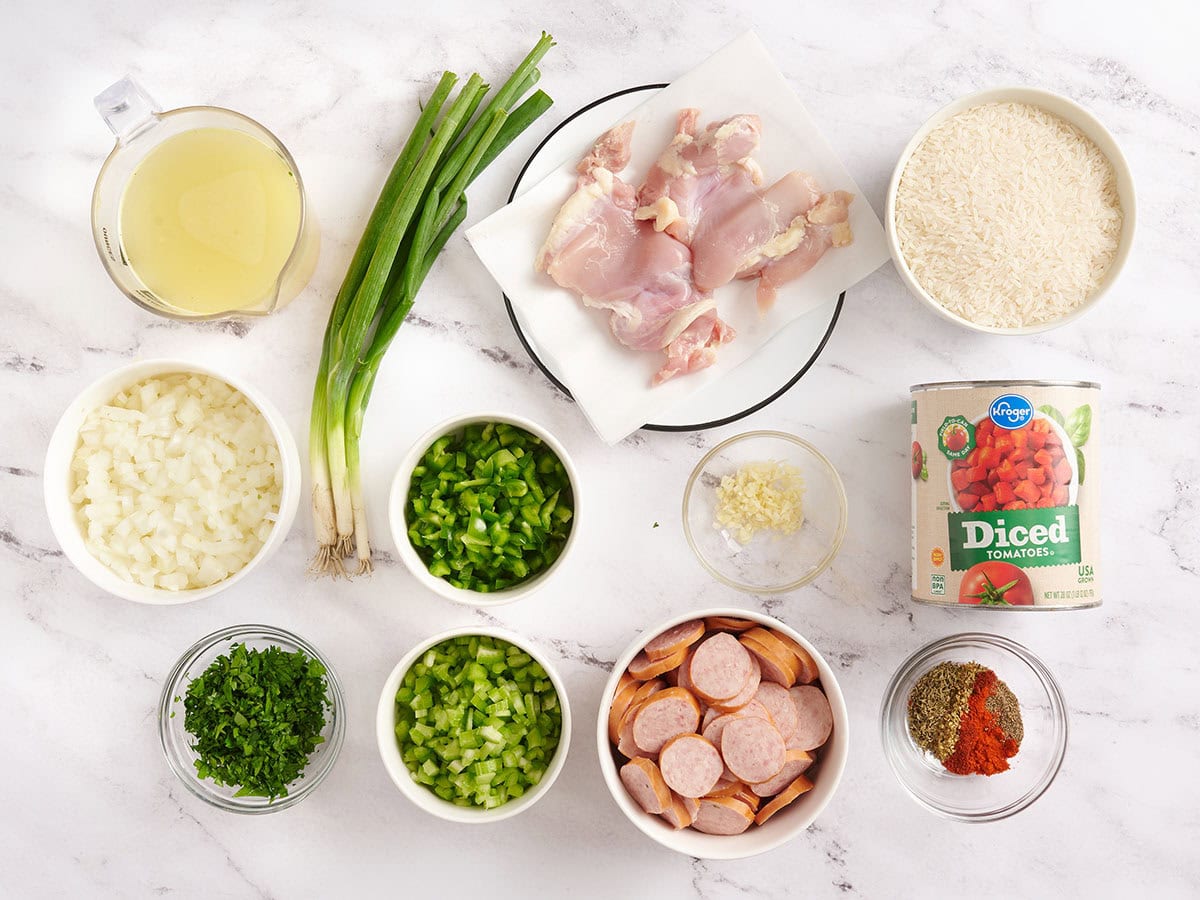 Ingredients to make jambalaya.
