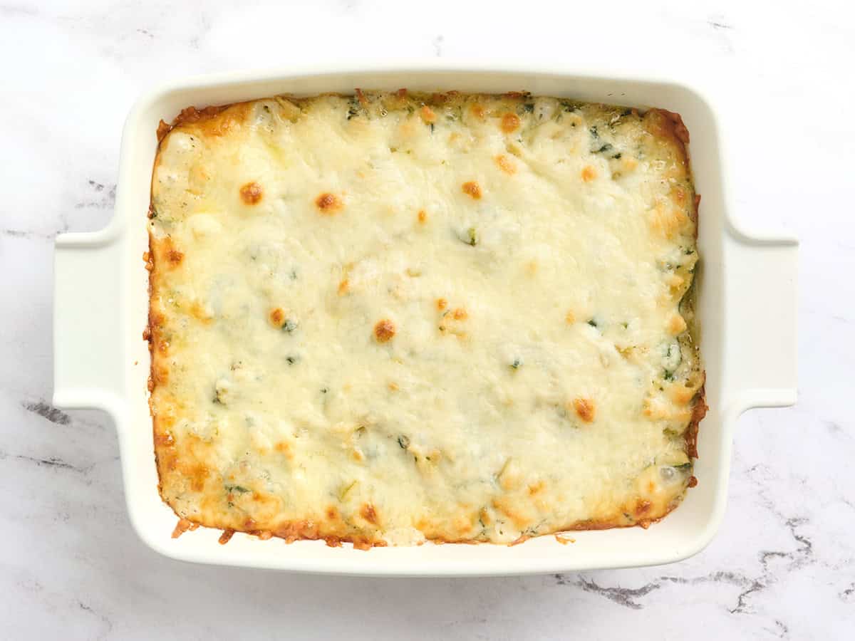 Baked pasta with spring veggies after baking.