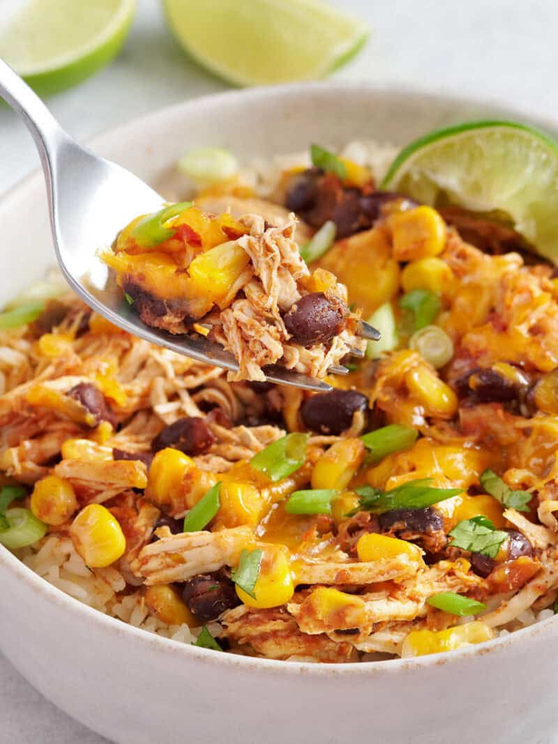Slow Cooker Taco Chicken Bowls are the ultimate "set it and forget it" easy weeknight meal that the whole family will love. BudgetBytes.com fork full of chicken taco bowl