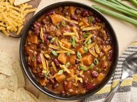 Overhead view of a bowl of chorizo sweet potato chili.