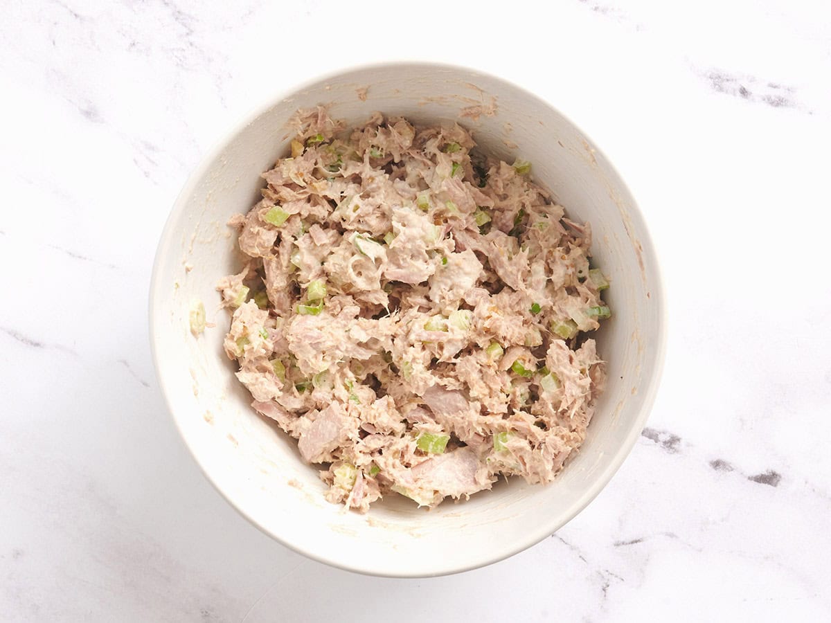 Tuna salad in a mixing bowl.