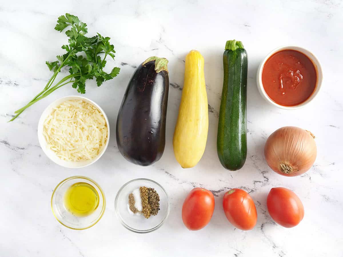 The ingredients to make oven roasted ratatouille.