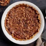 Overhead view of a homemade pecan pie.