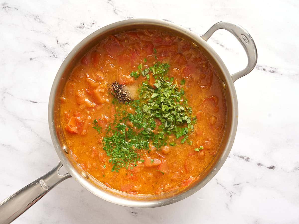 Pomodoro sauce in a skillet.