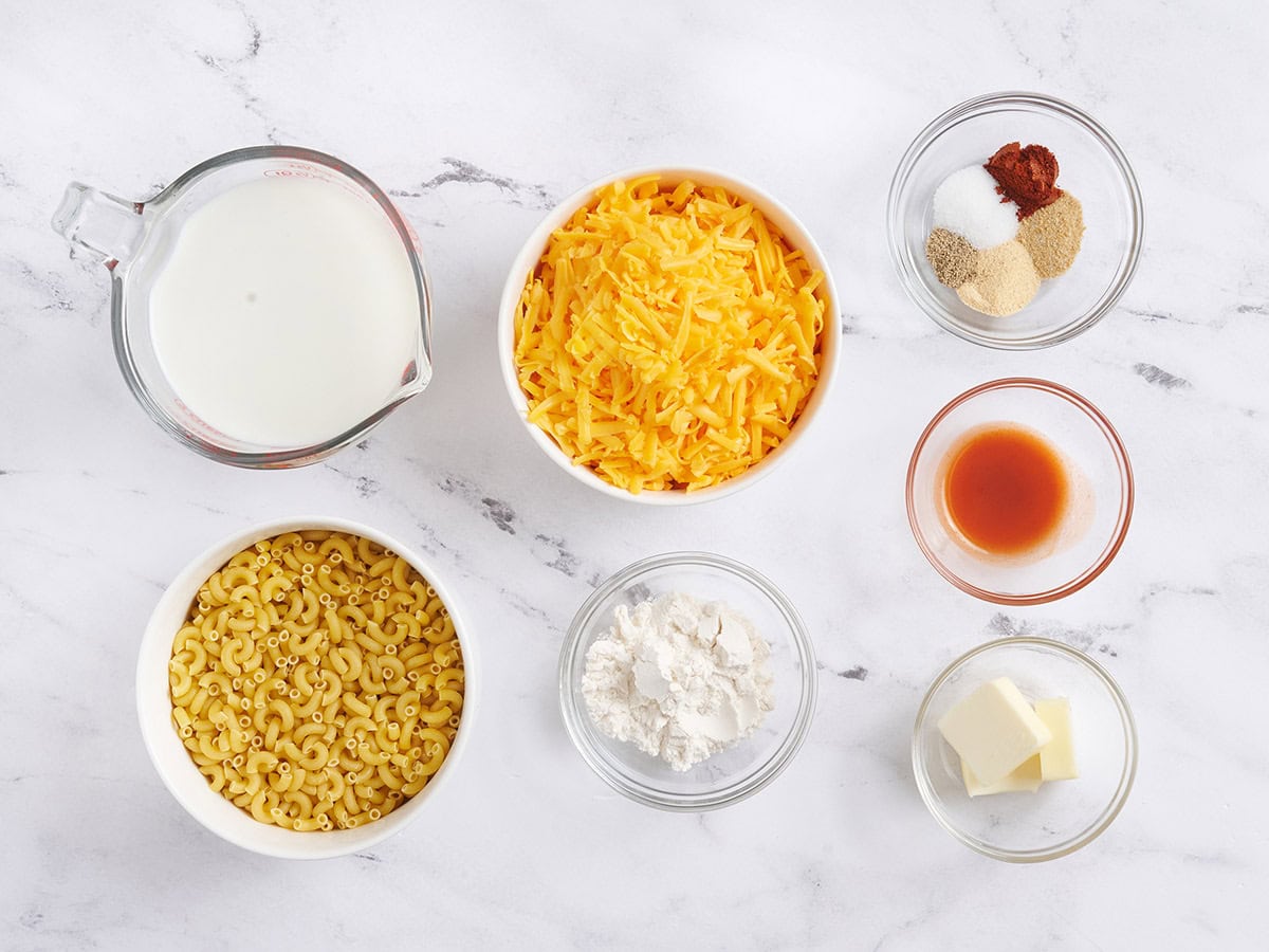 The ingredients for homemade mac and cheese.