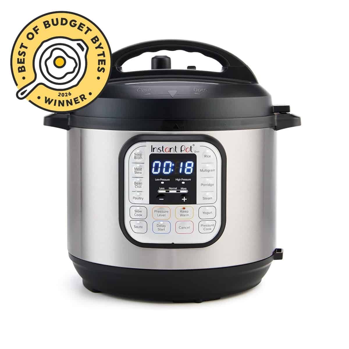 Front view of a pack of an instant pot with budget bytes seal.