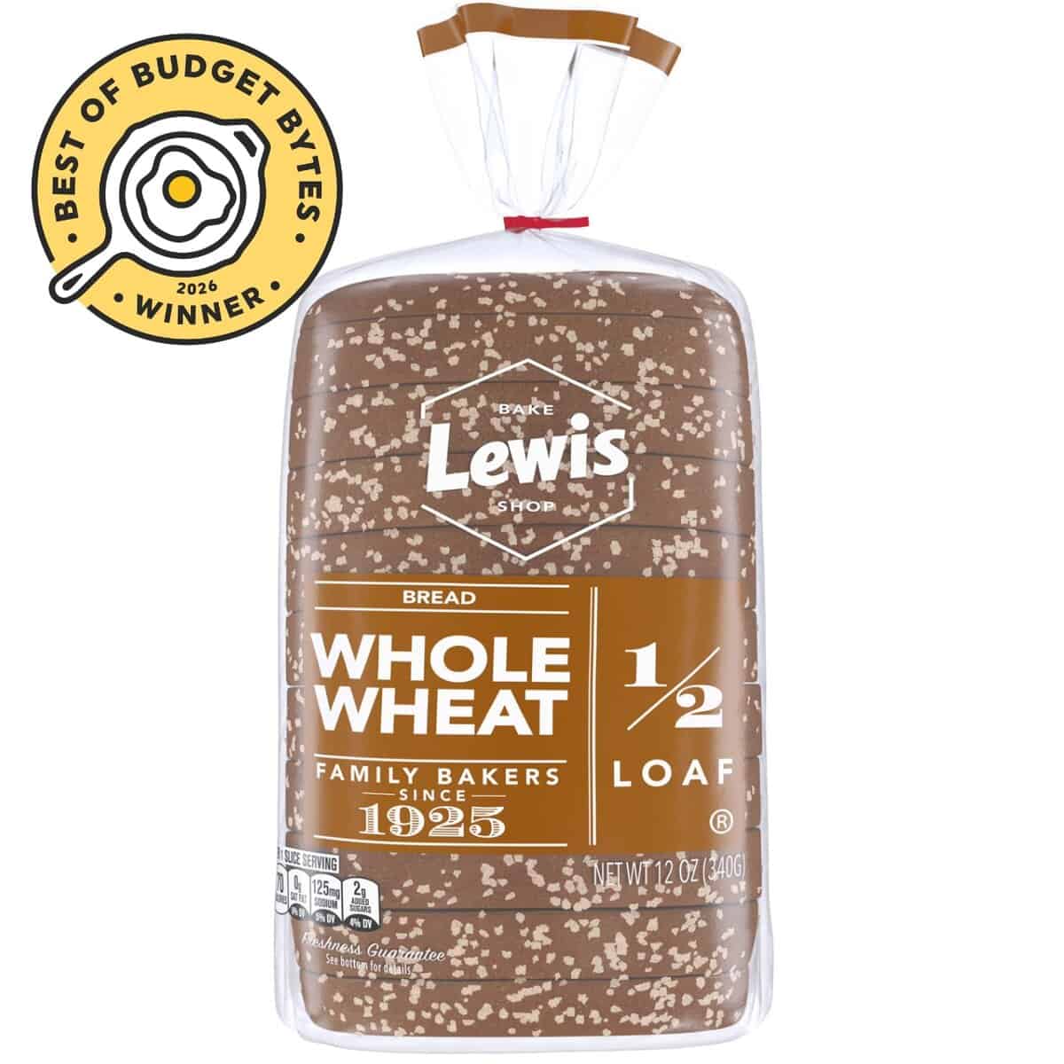 front view of a can of lewis whole wheat bread with a budget bytes seal.