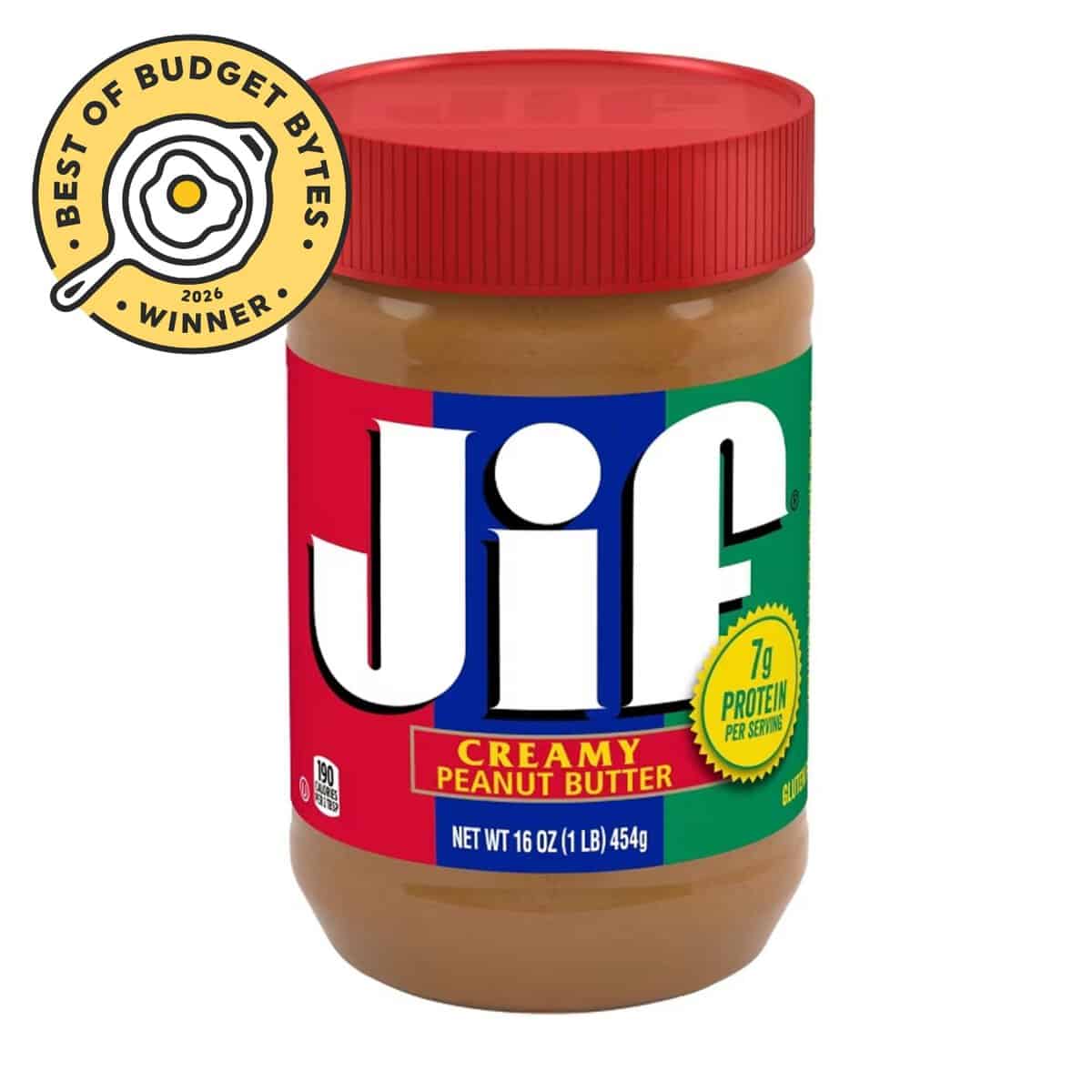 front view of a jar of JIF peanut butter with a budget bytes seal.