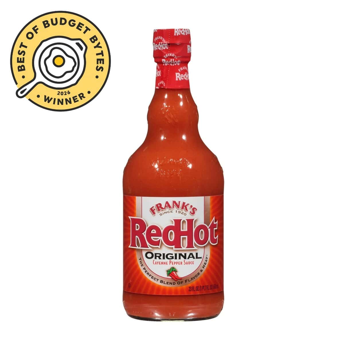 front view of a bottle of franks redhot sauce with a budget bytes seal.