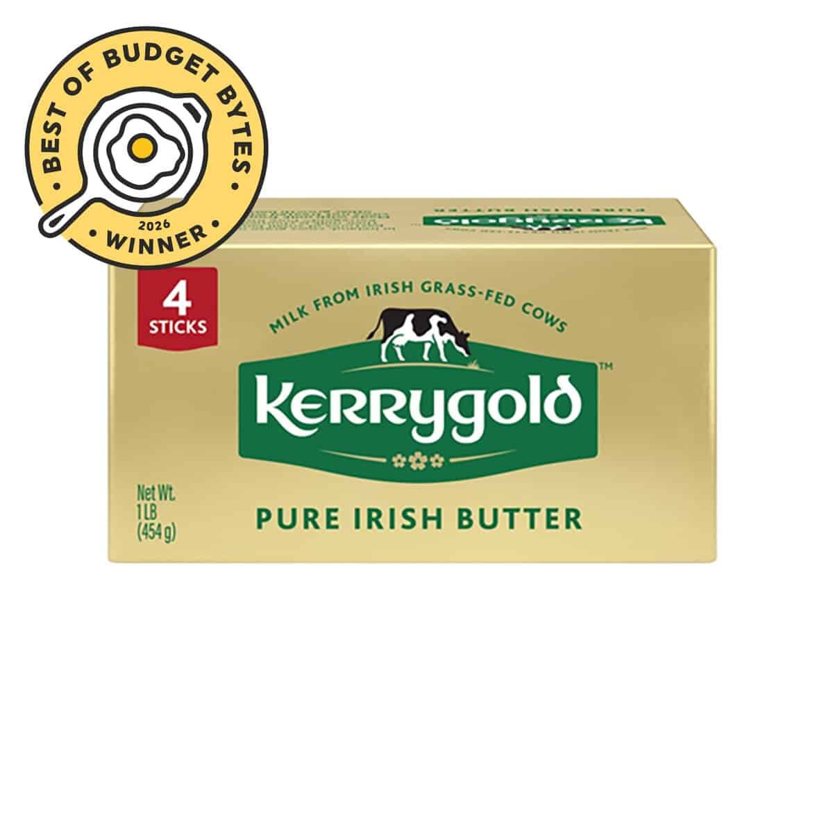 front view of a block of kerrygold irish butter with a budget bytes seal.
