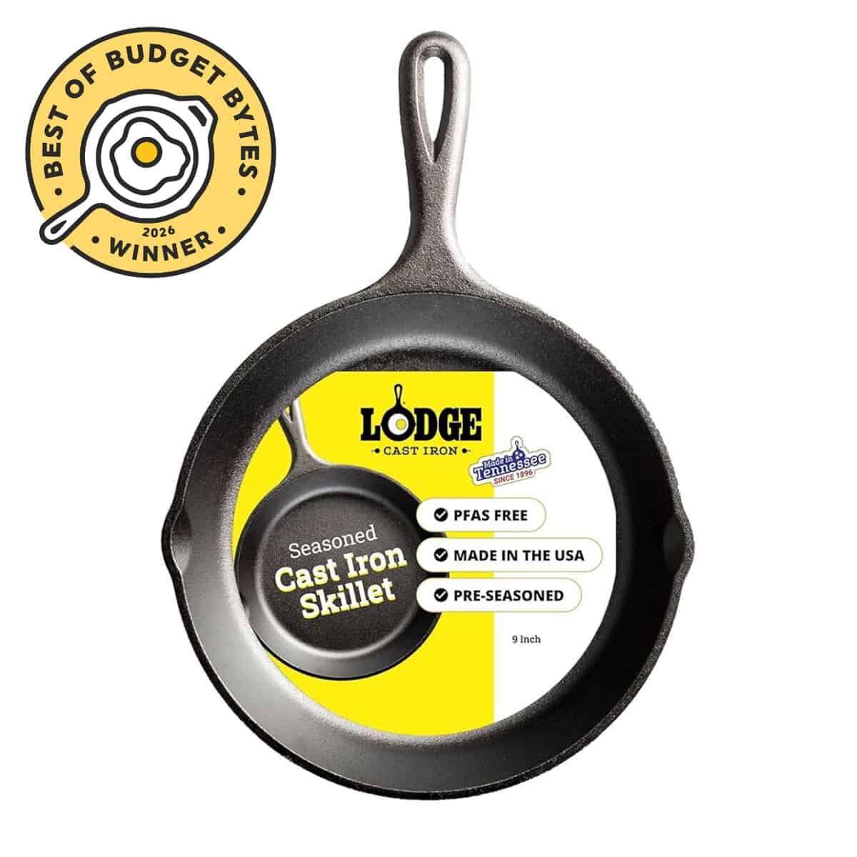 Front view of a pack of a lodge cast iron with budget bytes seal.