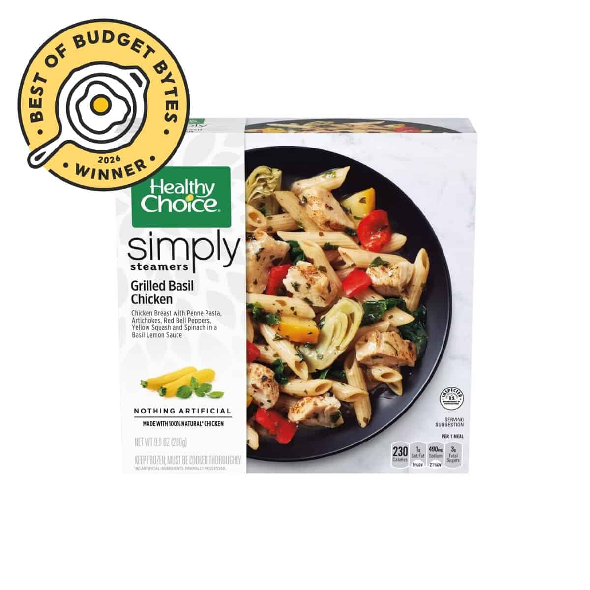 front view of a a healthy choice ready meal with a budget bytes seal.