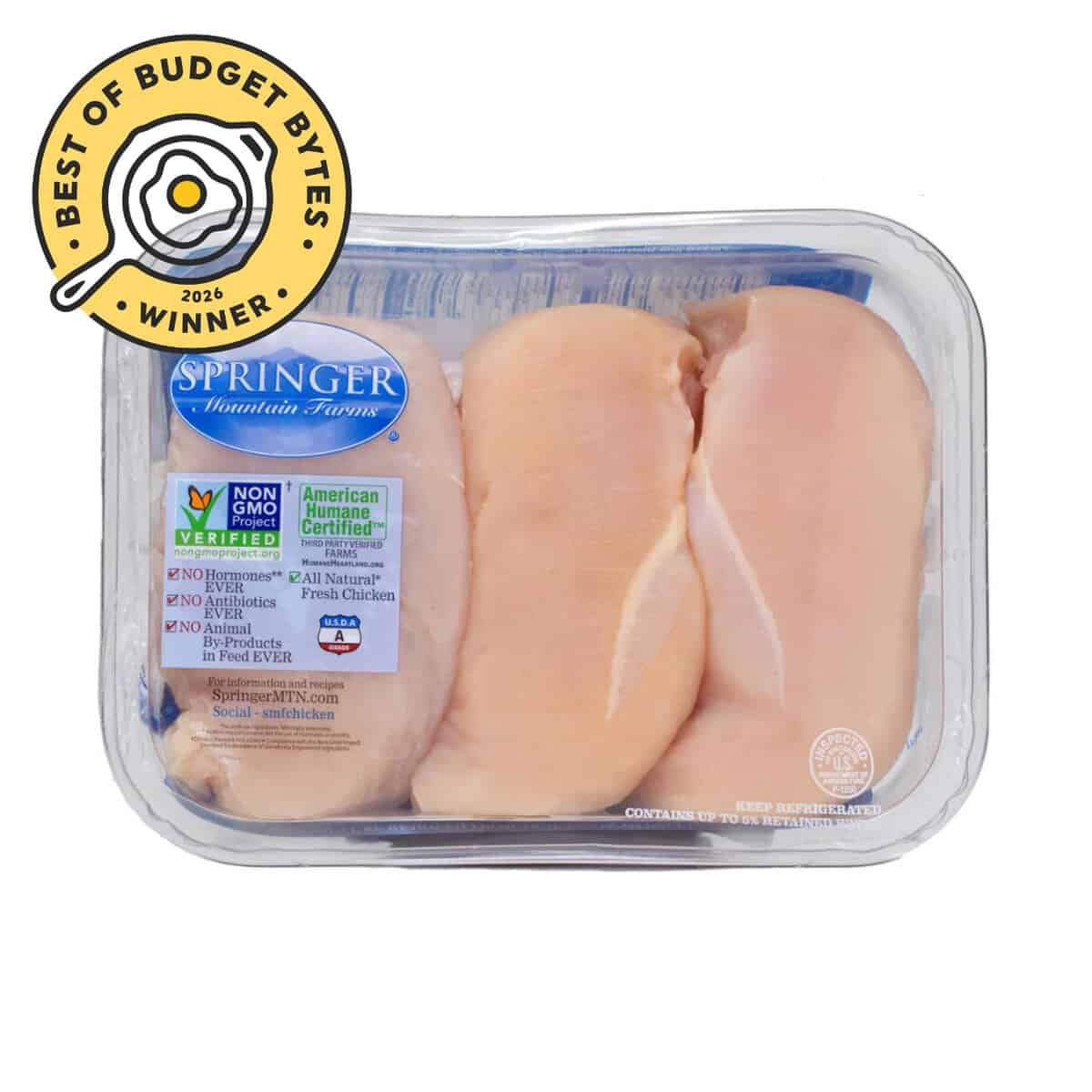 front view of a a pack of springer farm chicken with a budget bytes seal.