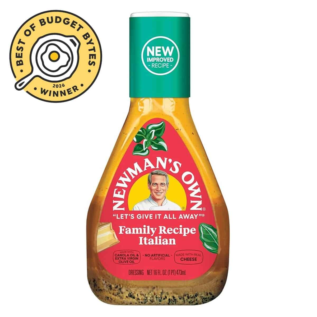 front view of newmans salad dressing with a budget bytes seal.