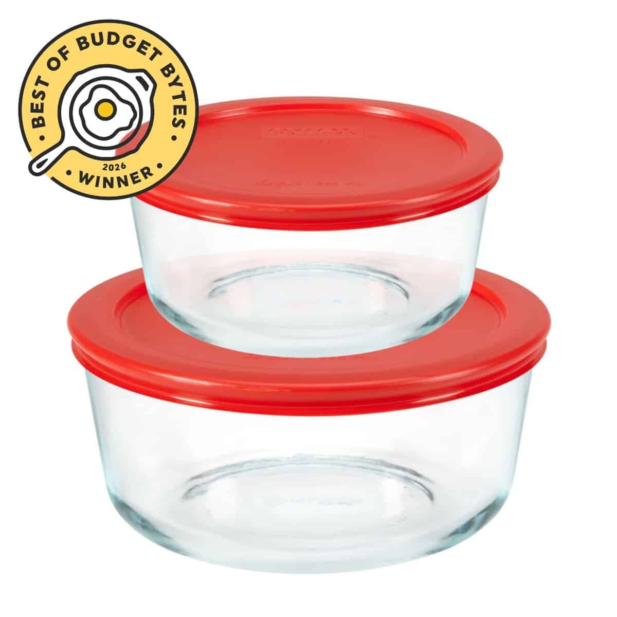 Front view of a pack of pyrex dishes with budget bytes seal.