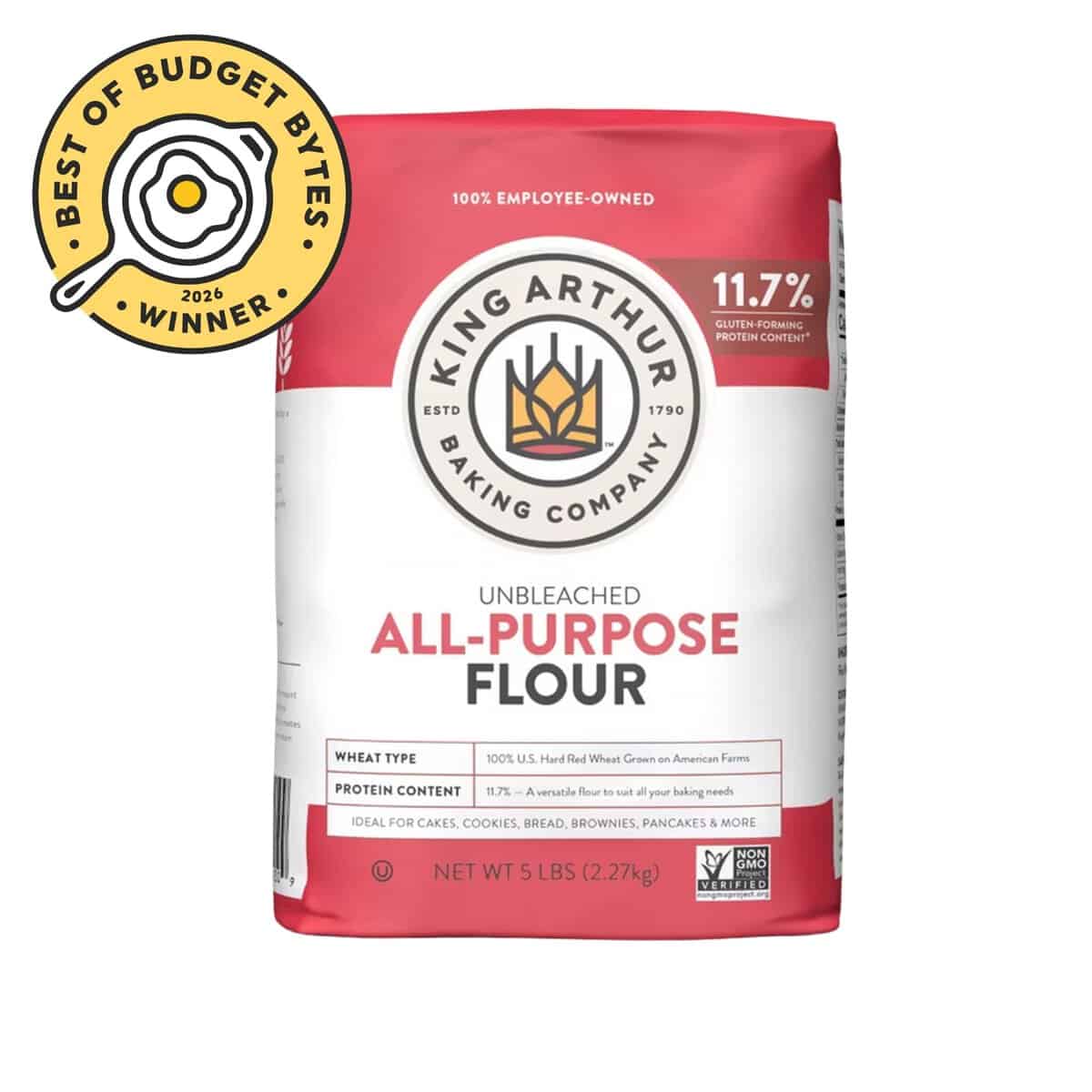 front view of King Arthur ap flour with a budget bytes seal.