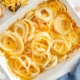 Overhead view of a baking dish of Tennessee onions.