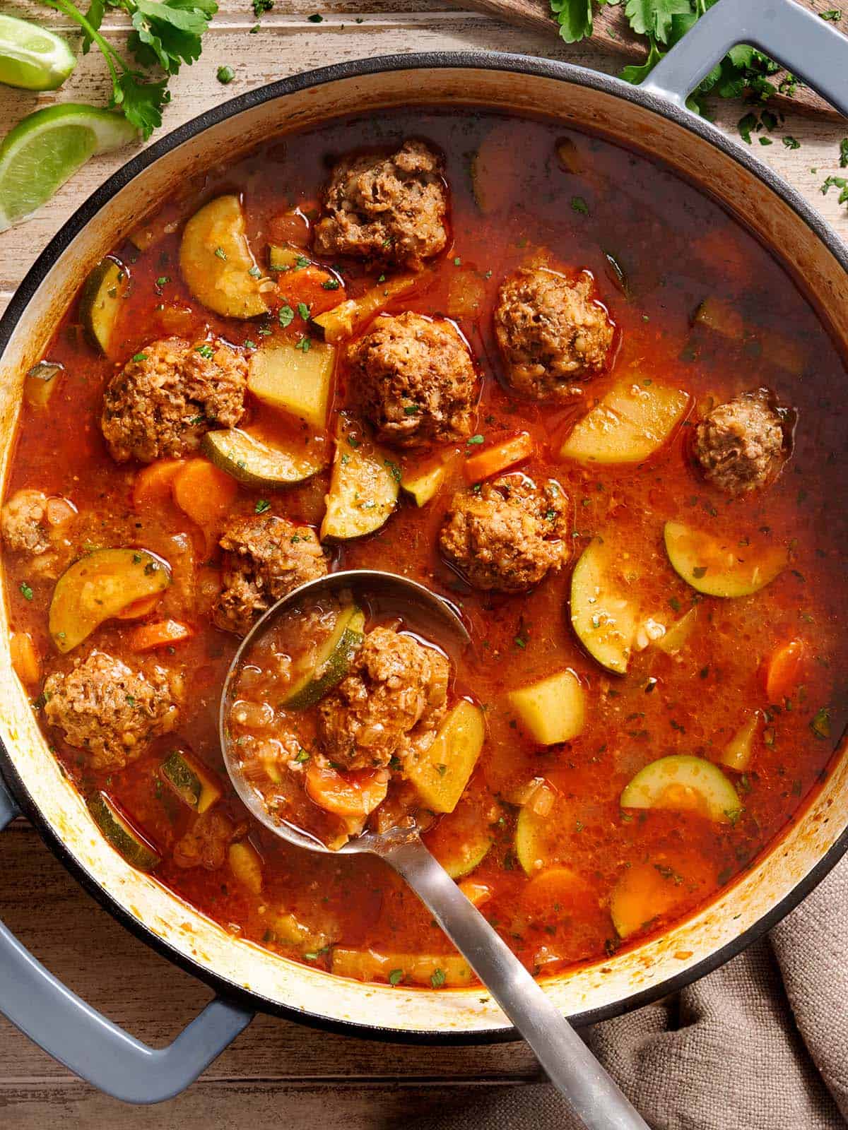 Overhead view of a pot of Mexican meatball soup (Albondigas)