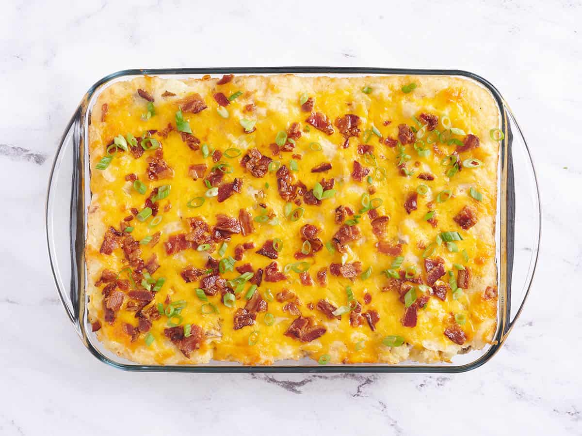 A finished twice baked potato casserole.