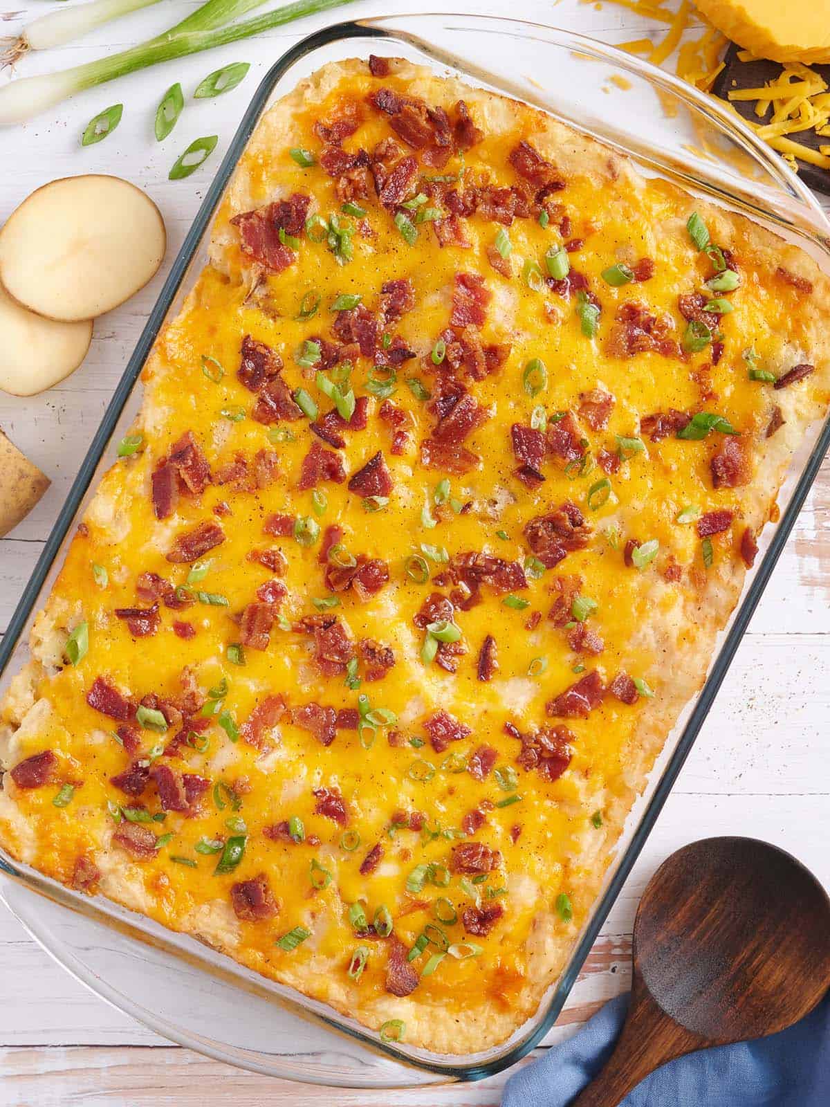 Overhead view of a twice baked potato casserole.
