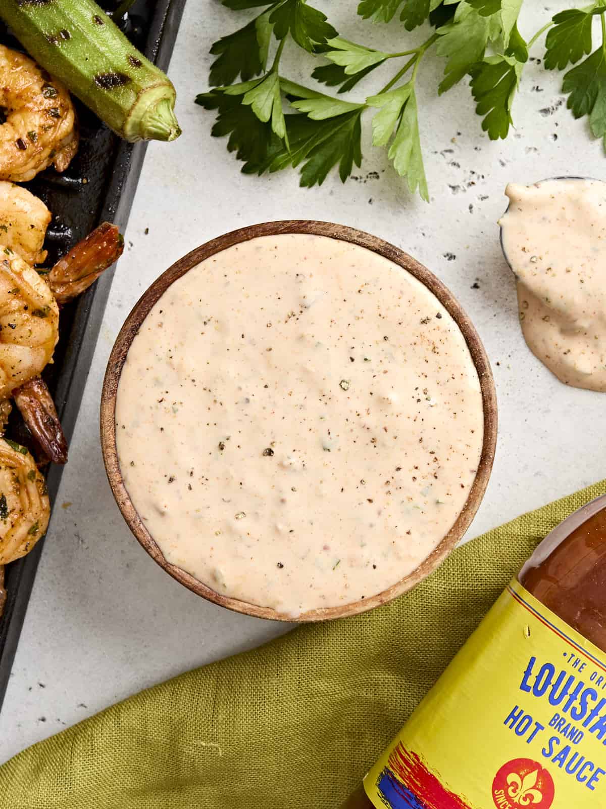 Overhead view of remoulade sauce in a bowl.