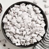 Overhead view of puppy chow in a bowl.