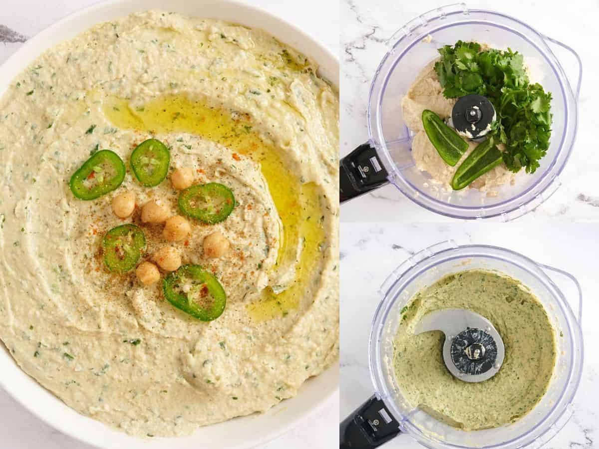 A collage of jalapeno cilantro hummus process photos.