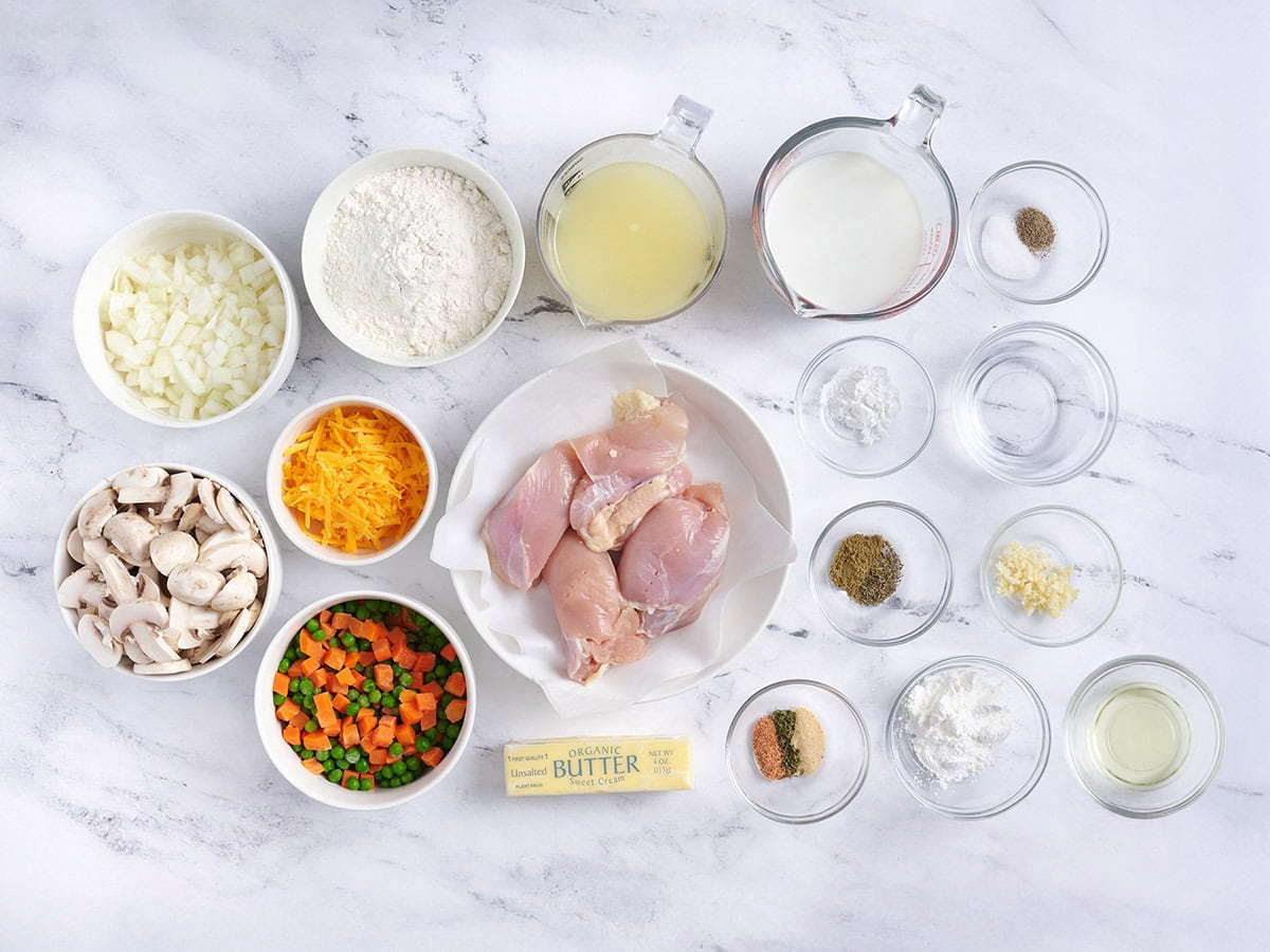 The ingredients to make chicken cobbler.