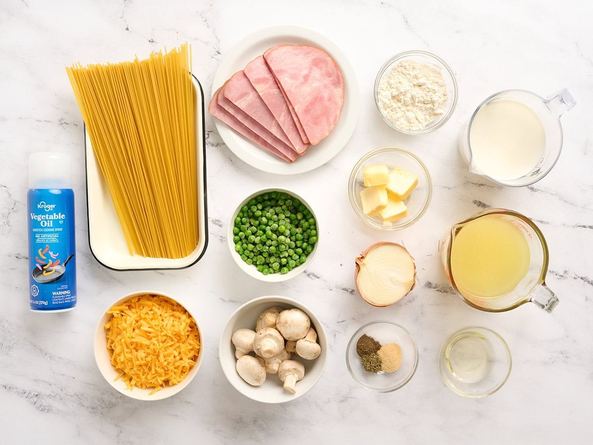 The ingredients to make ham tetrazzini.