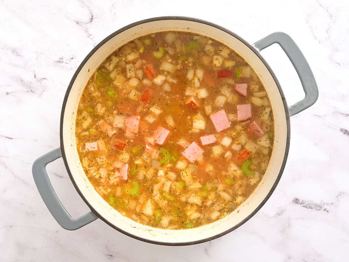 Ham and lentil soup before simmering.