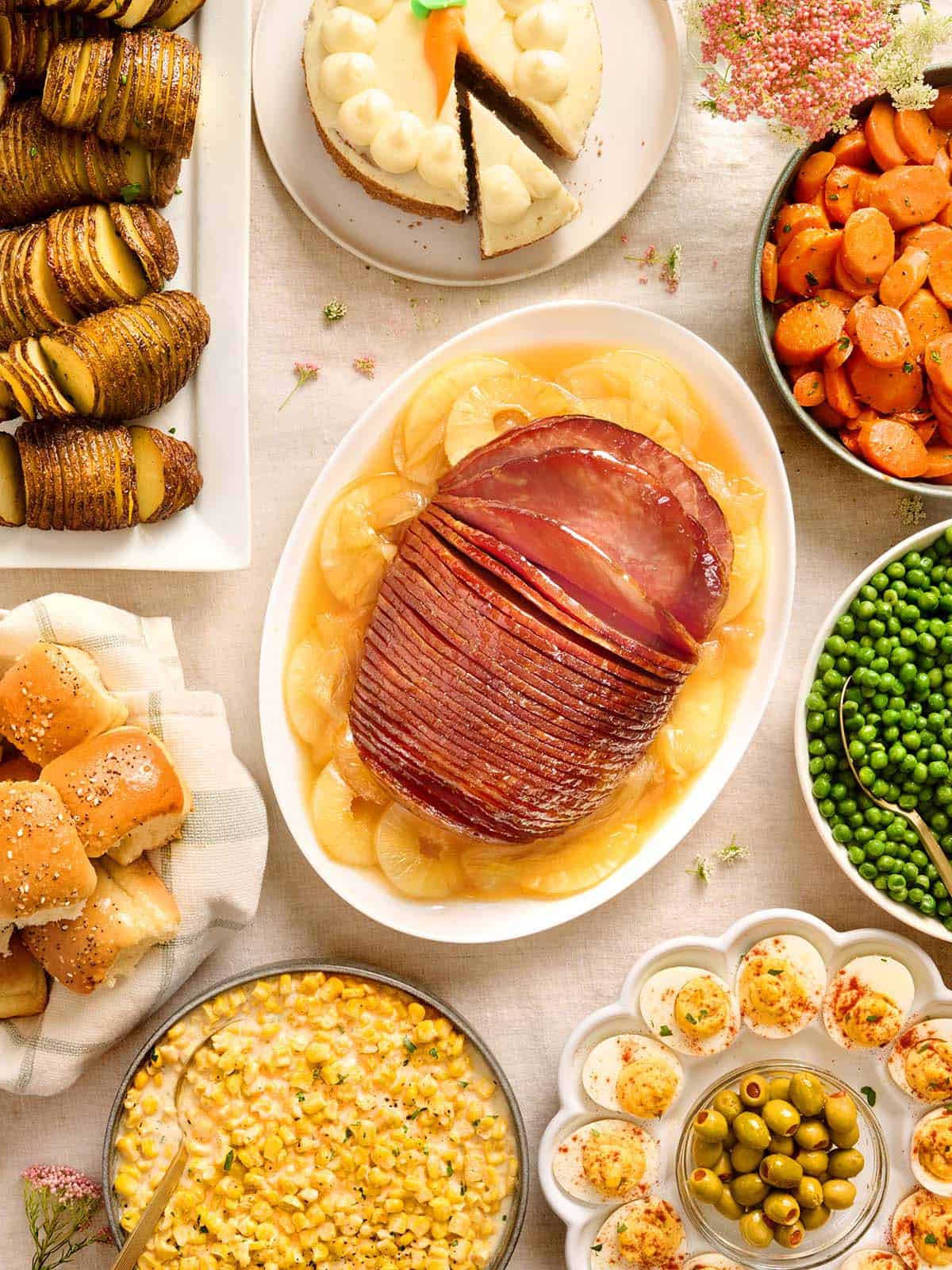 Overhead view of an easter dinner spread.