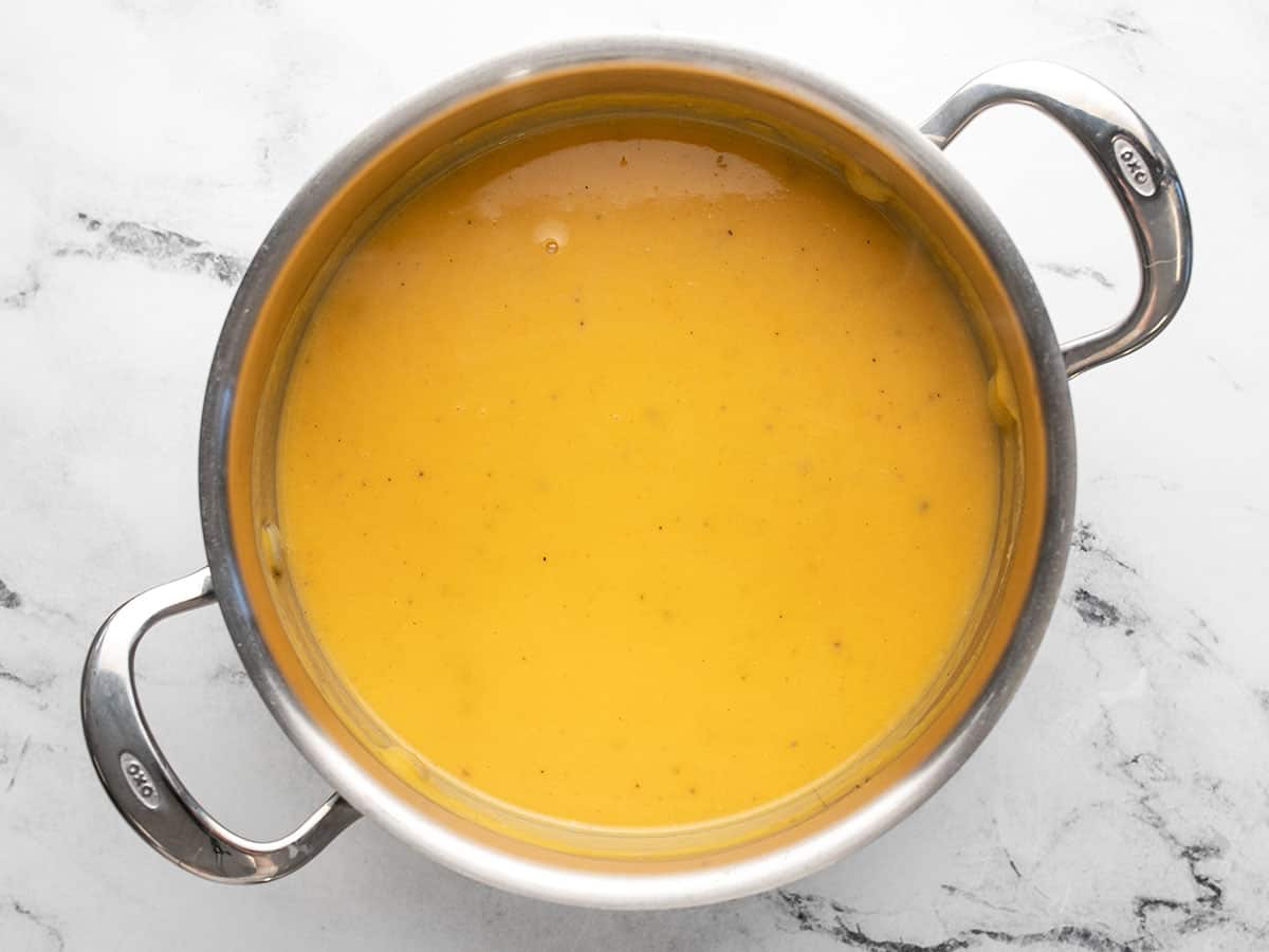 Finished butternut squash soup in the pot.