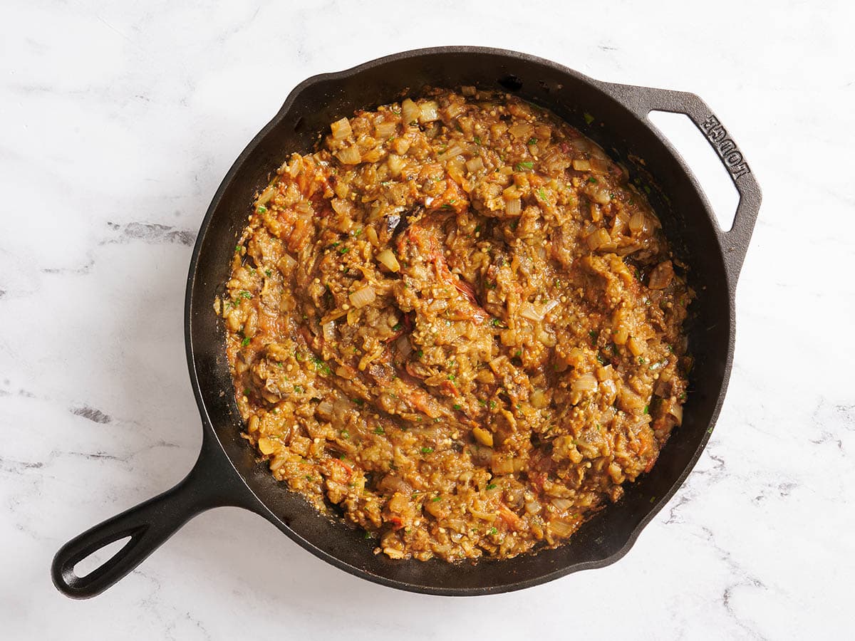 Finished eggplant curry in a skillet.