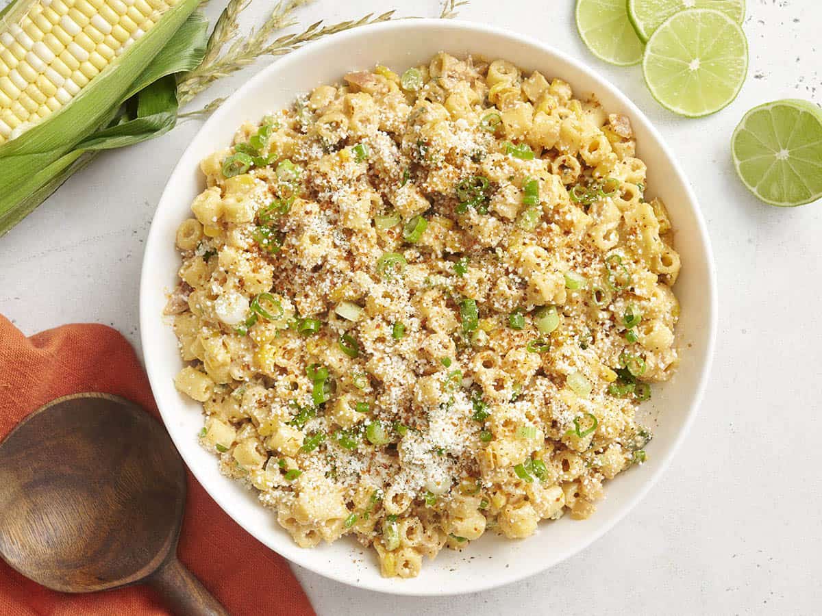 Overhead of a bowl of elote street corn pasta salad.