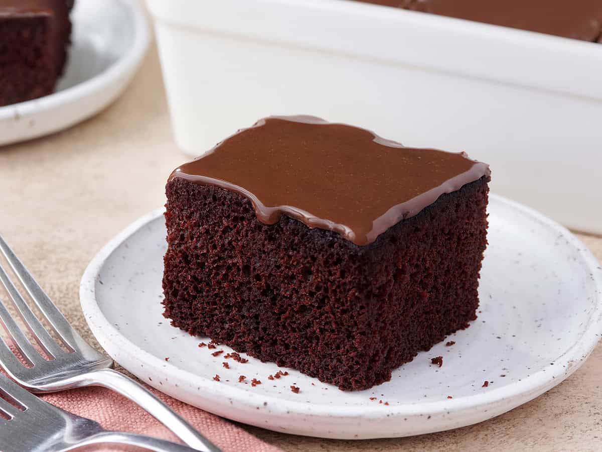 Side view of a slice of chocolate depression cake on a plate.