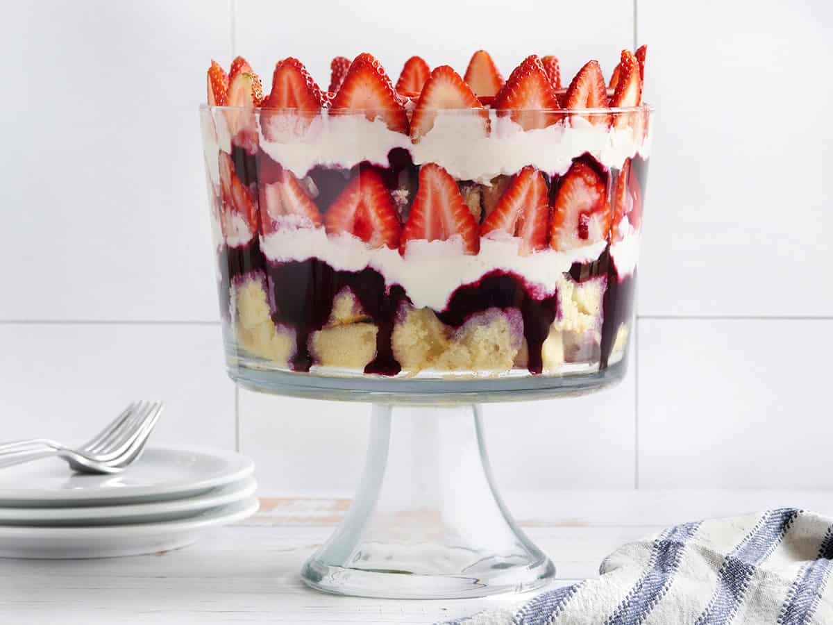 Side view of a homemade red white and blue trifle in a trifle dish.